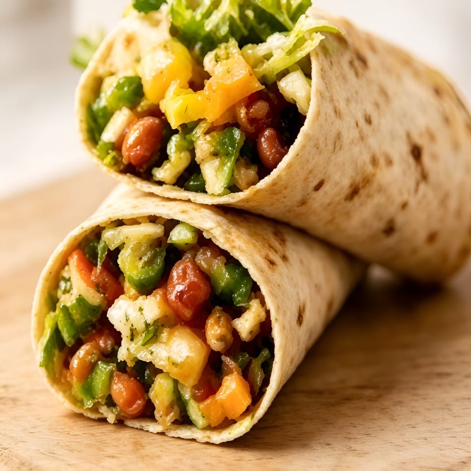 Two colorful vegetable wraps, filled with lettuce, beans, and diced peppers, on a wooden board.