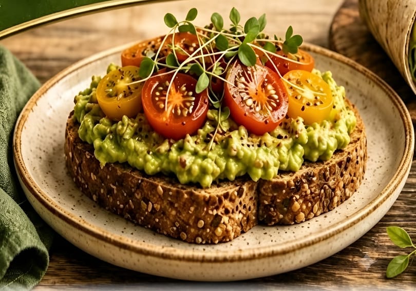 Avocado toast on whole-grain bread, topped with halved red and yellow cherry tomatoes and microgreens.