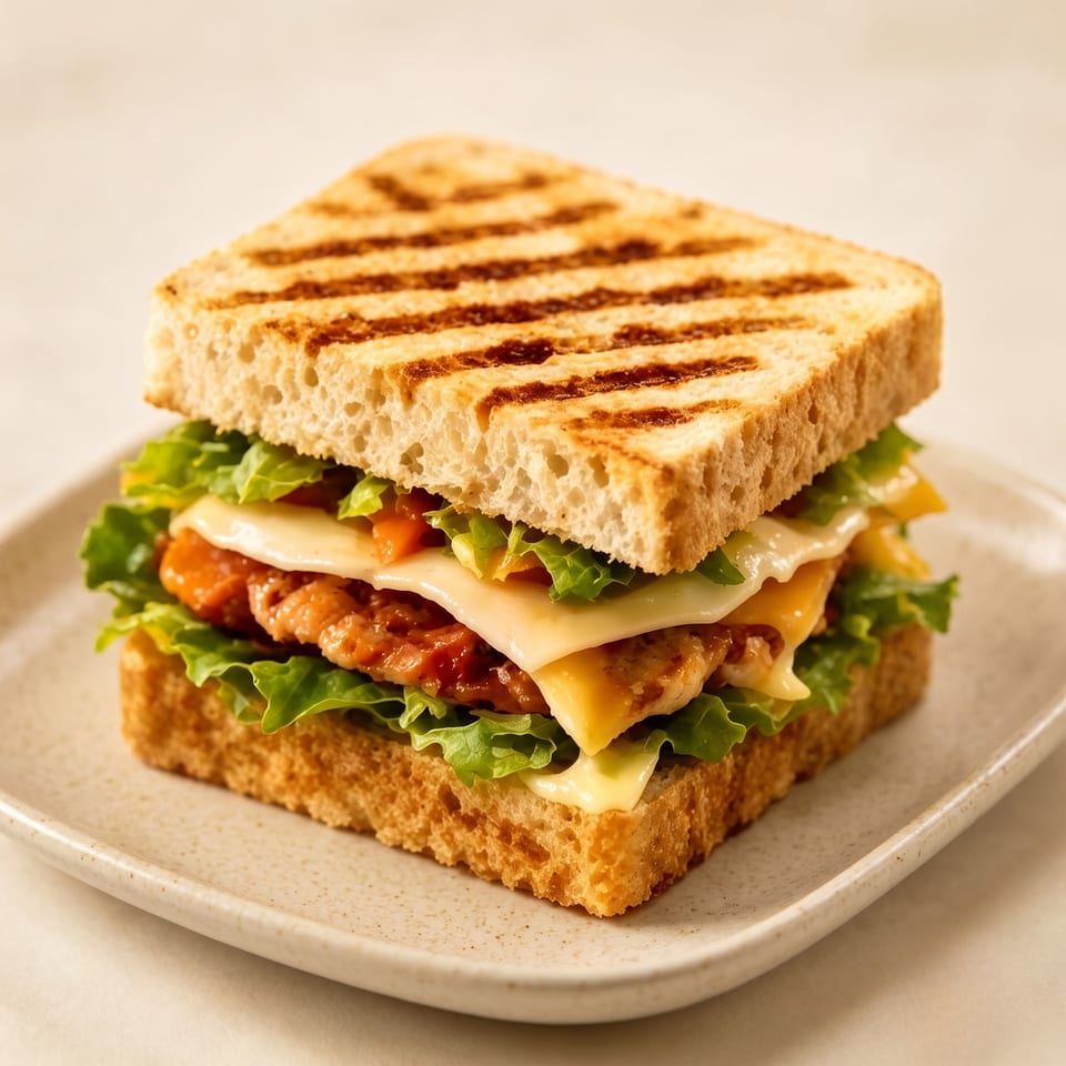 Grilled sandwich with chicken, melted cheese, and fresh lettuce on a light plate.