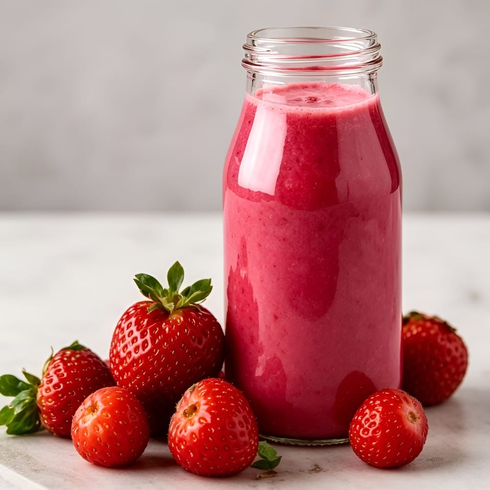 A vibrant pink strawberry smoothie in a glass bottle, surrounded by fresh strawberries on a white surface.