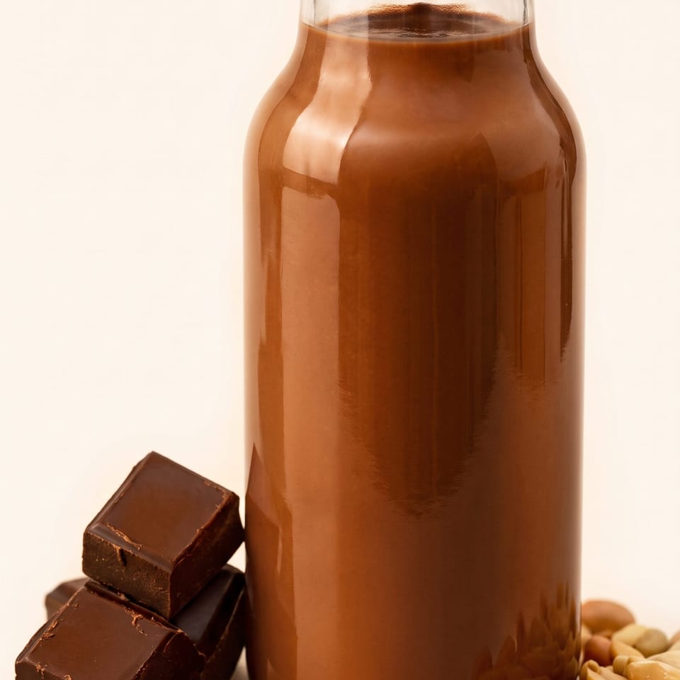 Chocolate milk in a glass bottle with chocolate squares and peanuts on a white surface.
