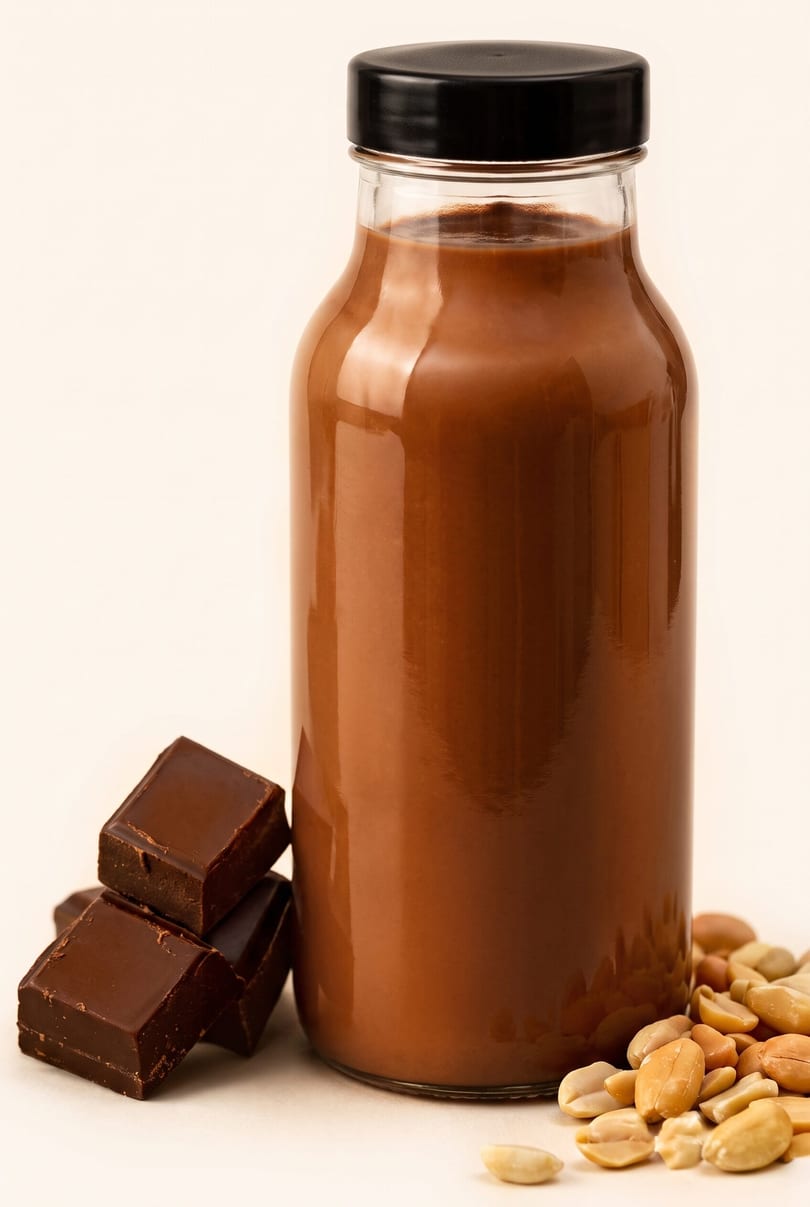Chocolate milk in a glass bottle with chocolate squares and peanuts on a white surface.
